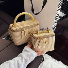 1pc New Minimalist Casual Versatile Woven Straw Lunch Box Bag, Chain Strap Shoulder Crossbody Bag, Holiday Best Seller Small Shoulder Crossbody Bag - 卡其色 - 查看 11