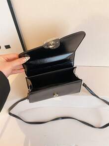 1pc Black Patent Leather Handbag, With Silver Heart Lock & White Heart Print, Flap Closure, Cute Style, For Women - Black - View 4