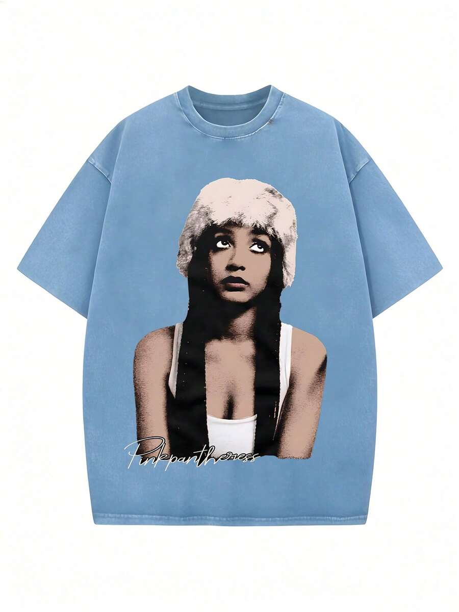 Black Vintage Washed Cotton Tee For Women 18-50 Pinkpantheress Signature Graphic Print Indie Pop Streetwear Loose Fit Top - 天藍色 - 查看 1
