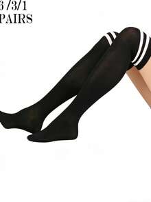 1-6 Pairs Unisex Solid Color Double Stripe Knee High Socks, Casual School Style - Multicolor - View 11