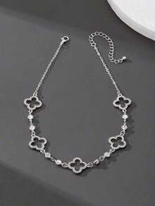 1pc Romantic, Delicate, Luxurious, High-End, Sweet, Lucky Diamond-Encrusted Hollow 4-Leaf Clover Pendant Necklace For Women - 銀色 - 查看 6