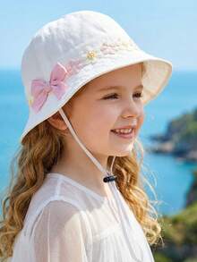 1pc Girls' Spring/Summer Korean Style Floral Bow Bucket Hat, Adjustable Brim, Foldable, Wide Brim Sun Protection, Minimalist Korean Style, Suitable For Outdoor Activities, Pink - 1PC - View 2