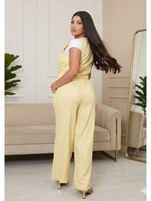 Conjunto Feminino Alfaiataria Colete e Calça Pantalona Elegante Casual Chic Moderno  Casual  elegante  Conservador / modesto  Festa    Tecido    Botões na frente  Cintura franzida    Conjunto Social Feminina  Escritório  Festa do chá de bebê  Formal e Noturno  Férias  Casa    verão, primavera e outono - Amarelo - Visão 4
