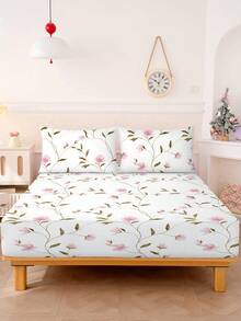 2/3pcs Soft Fitted Bedsheet Set - Floral Bedsheet Set, 1/2pcs Pillowcase And 1pc 12-Inch Mattress Protector, Suitable For All Bed Sizes: Single, Double, Queen, King, Super King, Bedding Set - White - View 4