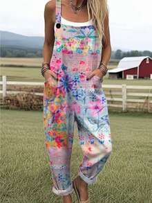 Colorful Floral Patchwork Print Women's Adjustable Strap Jumpsuit, Polyester, Lightweight And Breathable, Women's Clothing, Regular Women's Clothing, Women's Jumpsuits And Rompers, Women's Jumpsuit, Women's Plus Size Jumpsuit - 彩色 - 查看 1
