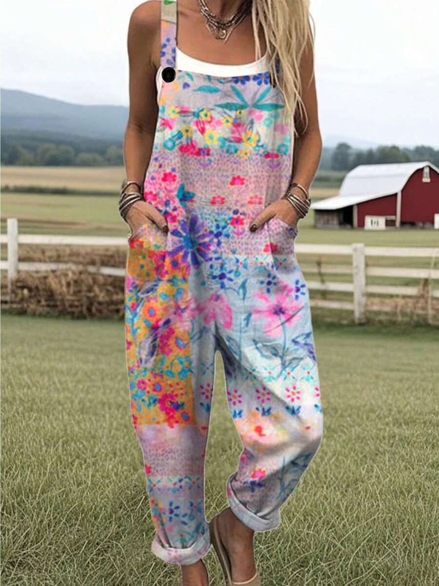 Colorful Floral Patchwork Print Women's Adjustable Strap Jumpsuit, Polyester, Lightweight And Breathable, Women's Clothing, Regular Women's Clothing, Women's Jumpsuits And Rompers, Women's Jumpsuit, Women's Plus Size Jumpsuit - 彩色 - 查看 1