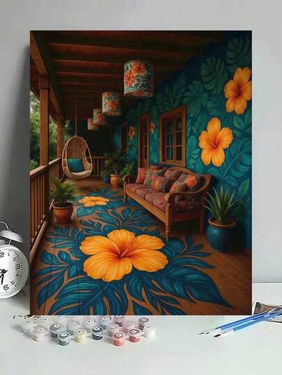 Tropical Hibiscus Flower Porch DIY Oil Painting By Numbers Crafts Adult Home Decoration 40x50cm/16x20inch Holiday Gifts