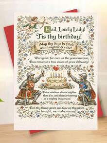 1 Stück, elegante mittelalterliche "Lovely Lady" Geburtstagskarte. Inklusive Umschlag, hochwertiges Kunstdruckpapier. Verzierter Blumenrand & mittelalterliches Textdesign. Perfekt für Frauen - die ideale zeitlose Geburtstagskarte (12cm/4,7in X 17cm/6,7in) - Roter Umschlag - Übersicht 1