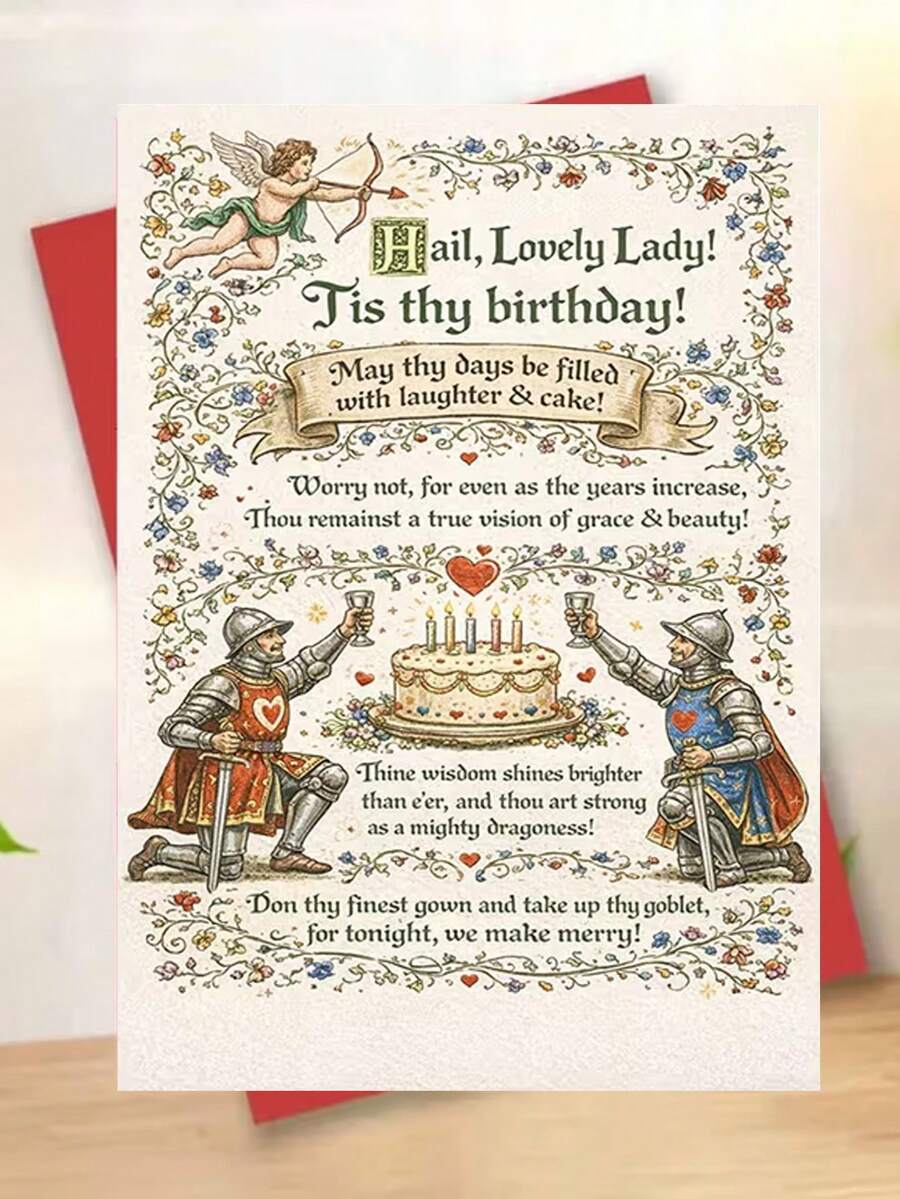 1 Stück, elegante mittelalterliche "Lovely Lady" Geburtstagskarte. Inklusive Umschlag, hochwertiges Kunstdruckpapier. Verzierter Blumenrand & mittelalterliches Textdesign. Perfekt für Frauen - die ideale zeitlose Geburtstagskarte (12cm/4,7in X 17cm/6,7in) - Roter Umschlag - Übersicht 1