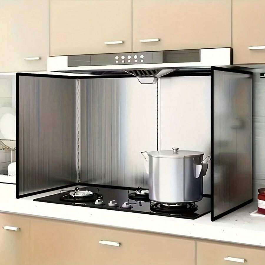 1pc Non-Stick Stainless Steel Kitchen Splash Guard, Heat-Resistant Stove Protector, Stainless Steel Material, Kitchen Cooking Tool Style Kitchen Accessory, Home Kitchen Decor, Splash Guard Stove Protector, Splash Guard Design, Stove Splash Guard, Suitable For Home, RV, Travel, Camping Use - View 1
