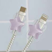 2 piezas Protector de cable universal tipo C transparente con diseño de estrella (5-14) - Resistente a la rotura, accesorio de teléfono de moda - Protector de cable de plástico con decoración de lazo lindo, protector de cable de carga - Multicolor - Ver 9