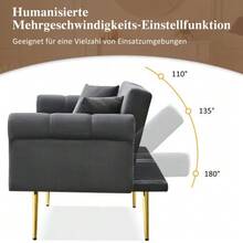 Modern 2-Seater Sofa Bed – Velvet Upholstery, 3-Position Adjustable Backrest & Gold-Plated Metal Feet. Stylish Sofa With Sleeping Function – Space-Saving, Durable, Ideal For Small Rooms. - Grey - View 7