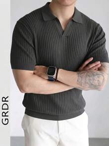 GRDR 男士纯色短袖休闲通勤针织衫 - 深灰色 - 查看 2