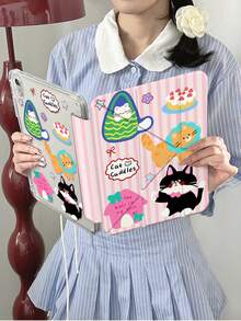 1pc Cartoon Cat Cake Pattern Transparent Acrylic Tablet Protective Case, Suitable For 2025 11th Gen (A16), 2026 Air 11/13 (M4) Models, Auto Wake/Sleep, Multi-Angle Stand, Pencil Slot, Striped Style, Feminine, Essential For Office & Study, Non-Magnetic Protective Cover - Pink - View 9
