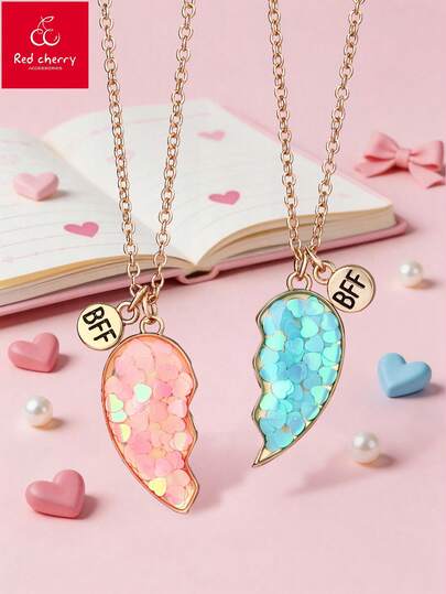 2pcs/Set Cute & Fashionable "Best Friends" Zinc Alloy Glitter Heart Necklace, Suitable For Daily Wear And Festivals