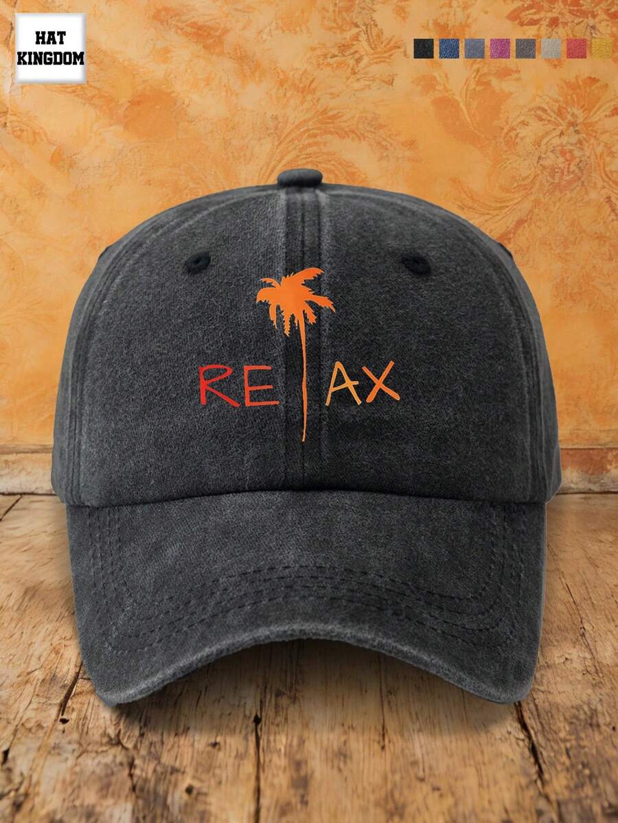 MAKEFGE 1顶水洗棒球帽,RELAX椰树图案印花,经典休闲复古风格,柔软运动帽带,尺寸可调节,轻便防晒,百搭复古老爹帽,适合户外活动、日常穿着、聚会和度假,是送给家人朋友的完美礼物,也适合夏季、海滩、假日、节日和旅行。 - RELAX椰樹 - 查看 1
