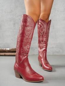 Giày bốt cao bồi kiểu miền Tây thêu họa tiết, mũi nhọn, gót dày, thời trang mới - Đỏ - Xem 3