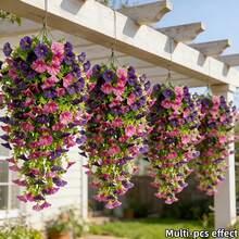 JHSHUDSE 7 piezas - Decoración colgante artificial de campanilla de colores mixtos para exteriores | Florecimiento vívido con hojas de eucalipto | Sin mantenimiento | Adecuado para decoración del hogar, jardín, patio, interior/exterior, boda, fiesta, regalo de inauguración de casa, decoración vertical de gazebo Plantas artificiales - 7 artículos morados - Ver 6
