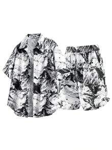 Men's Ink Print Single-Breasted Short Sleeve Shirt And Drawstring Waist Shorts Casual Daily Outfit - Black and White - View 5