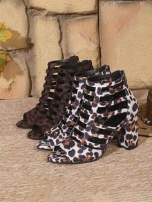 Women's Chunky Heel Beige Suede Leopard Print Ankle Boots, Spring/Summer New Fashion Versatile Rear Zipper Hollow Sandals Round Toe High Heel Roman Shoes Casual Holiday Party Outdoor Comfortable Plus Size Thick Heel Ankle Boots High Heel Sandals - White - View 11
