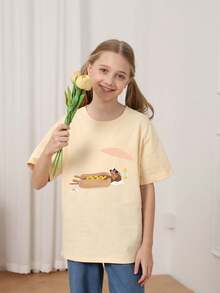 Áo thun ngắn tay cổ tròn in họa tiết phong cách thường ngày cho bé gái tuổi teen, áo mùa hè. - Màu be - Xem 3