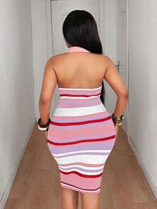 Maweii Plus Size Women Striped Fitted Casual Turndown Collar Sleeveless Knit Dress - 粉色 - 查看 3