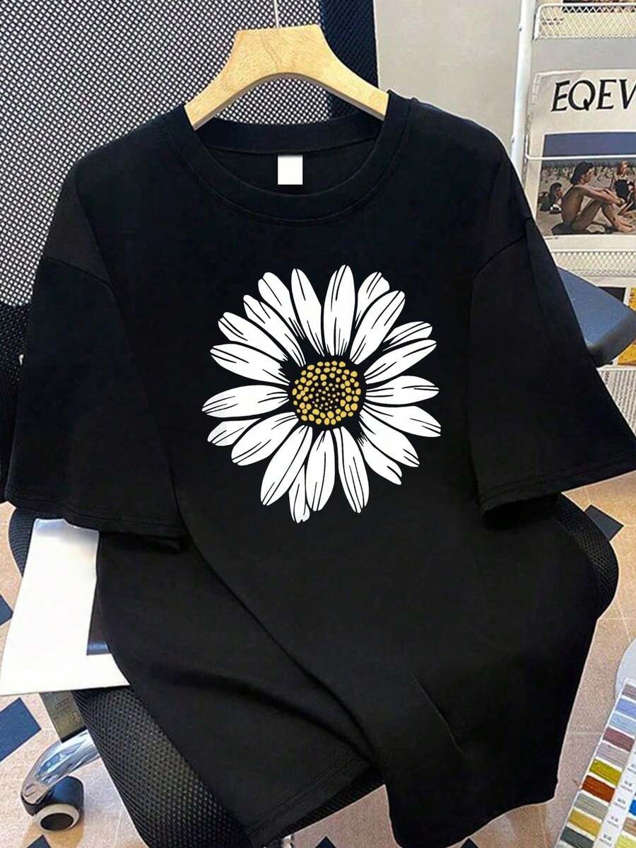 Kaos Wanita Ukuran Besar Kasual Motif Bunga Daisy Leher Bulat Lengan Pendek, Cocok untuk Liburan Musim Panas, Warna Hitam - Hitam - View 1