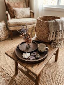 Minimalist Round Wooden Tray, Aesthetic Decorative Catchall Tray For Coffee Table, Vanity Perfume Organizer, Boho Home Room Decor - Dark Brown - View 6