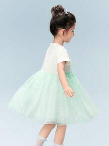Balabala Vestido de tul degradado de verano para niñas 2026, con detalles de perlas y lazo, malla suave y transpirable, estilo elegante de princesa - tinte verde - Ver 3