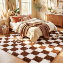 Soft Shaggy Area Rug For Living Room, Thick Fuzzy Rug For Bedroom, Modern Spring Decor Aesthetic, Upgrade Non-Slip Fluffy Carpet, Ideal Gift For Mother's Day Housewarming, Easter, Dry Clean Only, With 4 Carpet Stickers, Beige & Coffee Brown Plaid - Lưới cà phê màu be - Xem 2