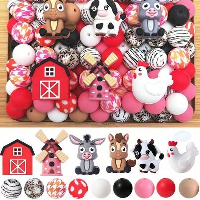 25/44/60/78pcs Farm Theme Silicone Bead Set, House, Windmill, Donkey, Cow, Chicken Shaped Beads, DIY Keychain, Necklace, Bracelet, Decoration, Pen, Jewelry Pendant, Holiday & Birthday Gift