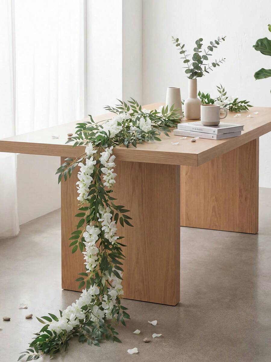 1pc Eucalyptus & Cherry Blossom Vine, Suitable For Spring & Summer Decor, Room, Bedroom, Wedding, Tabletop, Furniture, Staircase Wrapping - Beige - View 1