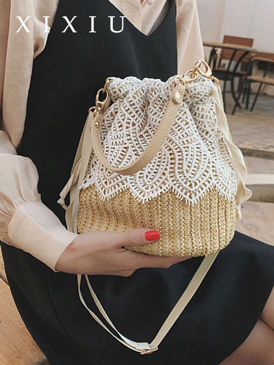 Túi xô bằng rơm viền ren nhẹ nhàng và thanh lịch, thiết kế độc đáo mang hơi hướng nghỉ dưỡng, túi đeo vai đa năng dành cho nữ, lý tưởng cho việc đi làm. - Màu Khaki - Xem 1
