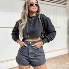 Long-Sleeved Cropped Top. Super Versatile - Goes Well With Jeans, Skirts, Shorts, And Wide-Leg Pants. - 黑色 - 查看 5