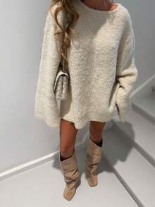 Senya 2026 Women's Loose Silhouette Chenille Knit Sweater, Beige Round Neck Long Sleeve Oversized Pullover, Comfortable Minimalist Casual Autumn/Winter Knit Dress - Apricot - View 3