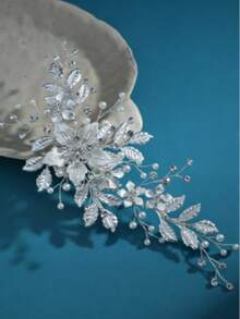 1pc Iron Leaf & Pearl Rhinestone Hair Clip - Silver - View 3