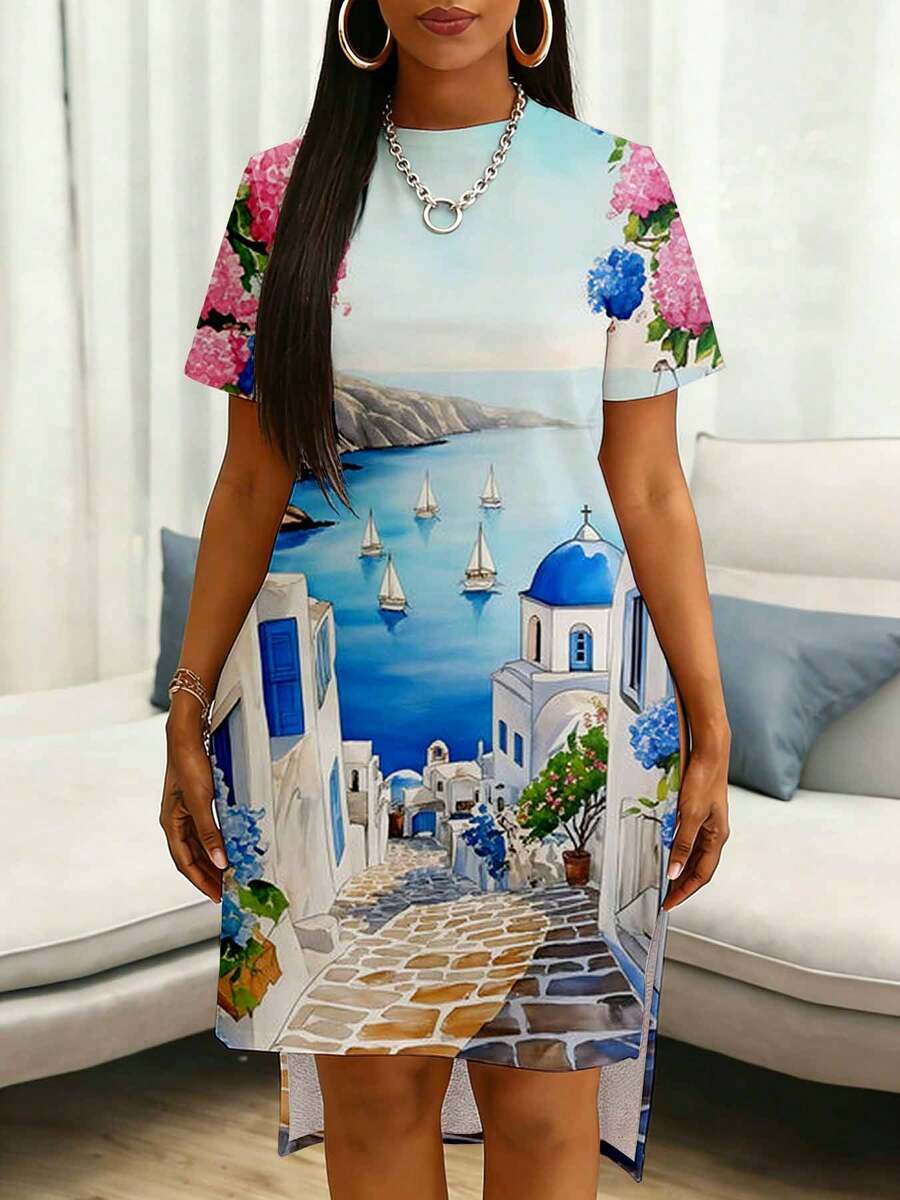 Greek Island Print Dress With Blue Dome Church And Sailboats Scene For Women Plus Size Suitable For Casual And Sporty Wear   Mediterranean Landscape Dress Featuring White Buildings And Ocean View For Women Plus Size Suitable For Casual And Sporty Wear   Santorini Inspired Dress With Floral Accents And Stone Pathway Design For Women Plus Size Suitable For Casual And Sporty Wear   Summer Vacation Dress With Greek Village And Sea Sailing Boats Print For Women Plus Size Suitable For Casual And Sporty Wear   Artistic Travel Print Dress Showcasing Blue Sky And Coastal Town For Women Plus Size Suitable For Casual And Sporty Wear - Nhiều màu - Xem 1