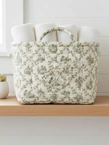 Quilted Fabric Storage Basket/Laundry Hamper With Handles And Side Pockets; Foldable Organizer Bin Featuring A Boho Floral Print; Suitable For Home, Picnic, And Office Use, As Well As Organizing Living Rooms, Bedrooms, Bathrooms, And Closets. - Multicolor - View 3