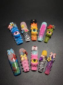 10Pcs 4.5cm Handmade Coffin Fake Nails 3D Bow Lollipop Star French Design Acrylic Press On Nails With Steel Beads Eye Decors Cute Nail Stickers For Women Girls Valentine Party Daily Nail Art Supplies - Multicolor - View 2