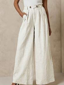 Pantalones de mujer de cintura alta y pierna ancha, estilo suelto y plisado con bolsillos, adecuados para el lugar de trabajo, la oficina, el casual, la playa, los viajes, versátiles - blanquecino - Ver 7