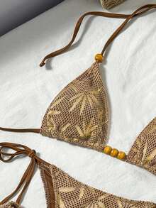 Bikinx Bộ bikini hai mảnh kiểu Boho dệt kim móc cổ yếm và quần short có dây rút dành cho nữ. - màu nâu - Xem 2
