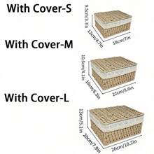 3Pcs S+M+L Lidded & Lidless Woven Storage Baskets, Bohemian Desktop Organizer For Keys Cosmetics Snacks Stationery Toys, Decor Bin Coffee Table Entryway Living Closet, Reusable Woven Tray, Holiday Gift Basket For Home Desktop Sorting Decor Storage - Khaki - View 15