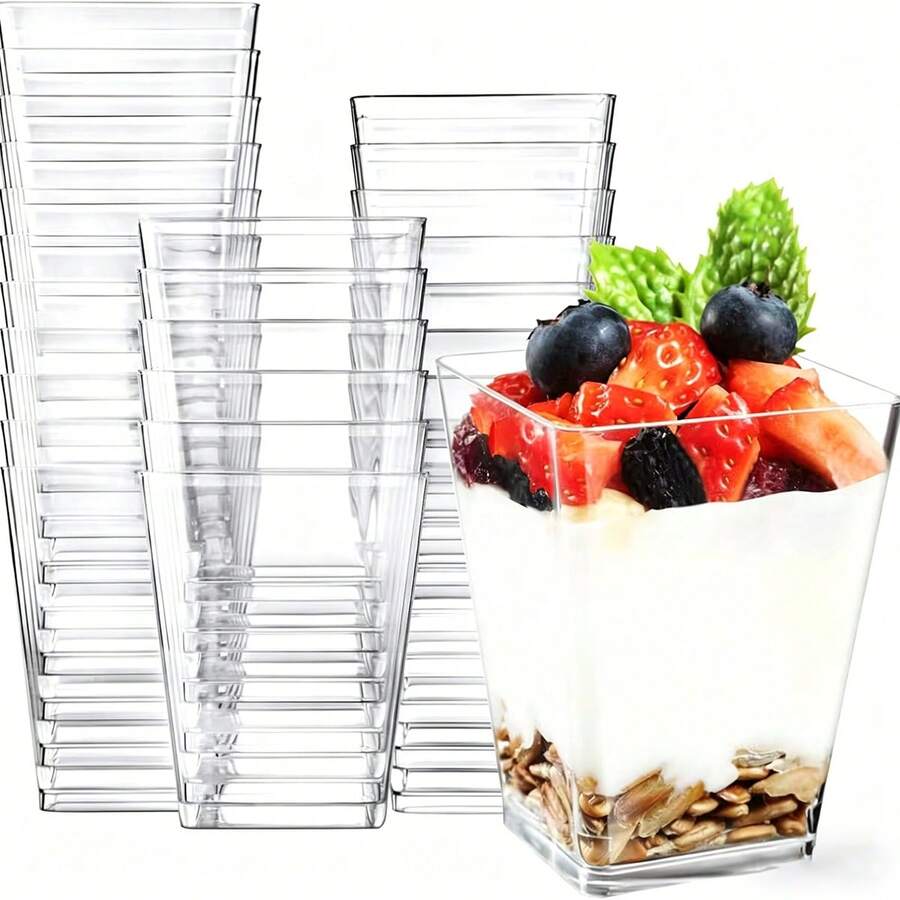 25/50/75 piezas Vasos de postre transparentes con tapas y cucharas, vasos de yogur y gelatina, vasos para aperitivos, mini copas de vino con cucharas, adecuados para pudín, fruta y helado - Ver 1