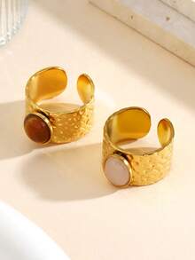 Bộ 2 chiếc nhẫn hình oval hình học bằng thép không gỉ mạ vàng 18K đính đá mắt hổ hồng, thích hợp cho nữ đeo hàng ngày và dự tiệc. - Nhiều màu - Xem 1