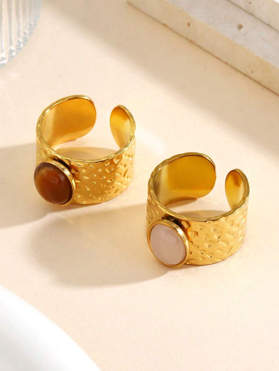 Bộ 2 chiếc nhẫn hình oval hình học bằng thép không gỉ mạ vàng 18K đính đá mắt hổ hồng, thích hợp cho nữ đeo hàng ngày và dự tiệc. - Nhiều màu - Xem 1