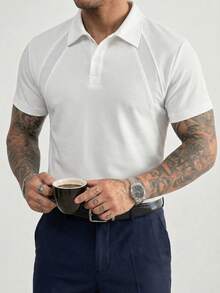 Camisa polo masculina branca BlueprintMan com ombros caídos e detalhe vazado, peça versátil e moderna com estilo vintage, leve e ideal para ocasiões formais e encontros. - Branco - Ver 10
