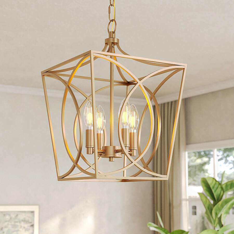 Tribesigns 4-Light Farmhouse Chandelier, Gold Rustic Metal Cage Adjustable Industrial Hanging Pendant Light Ceiling Fixture For Kitchen Island, Dining Room, Entryway UL Listed, E12 Base - 吊燈 - 查看 1
