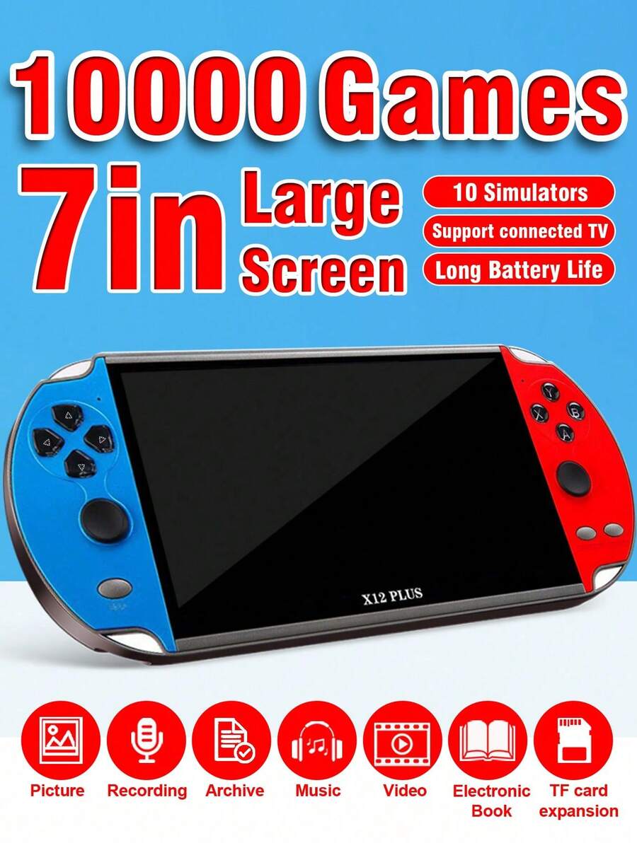 1件新款多功能手持遊戲機，內含10000款經典懷舊遊戲、10款模擬器，7吋大螢幕，可連接電視，支援圖片/錄音/音樂/影片/電子書，復古雙搖桿手持遊戲機，節日生日禮物