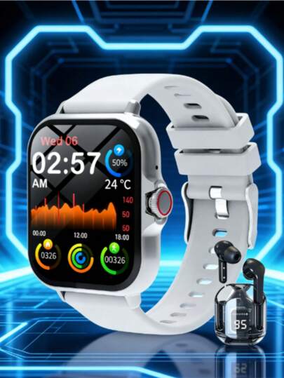Multifunctional Outdoor Sports Fashion Smart Watch + Earphone Set, 1.83" Full Touch Screen, Supports Wireless Calling And Messaging, Music Playback, Fitness Tracker Smart Watch, Gift For Female And Male Friends, Birthday Gift