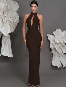Halter Neck Knitted Bandage Dress, European And American Luxury New Arrival Evening Gown, Fashion Sexy Bodycon Dress For Family Parties, Cocktail Parties Party Wedding - Coffee Brown - View 3